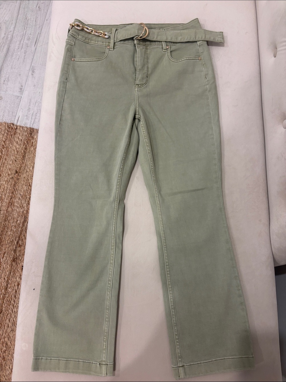 White House Black Market Sage Green Wide-Leg Jeans with Chain-Accent Belt